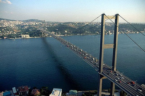 Traffic on bridge over Bosphorus Strait in Turkey blocked due to accident