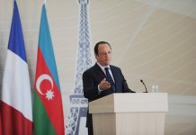 Ilham Aliyev, Francois Hollande, and First Lady Mehriban Aliyeva observe construction of French Lyceum in Baku