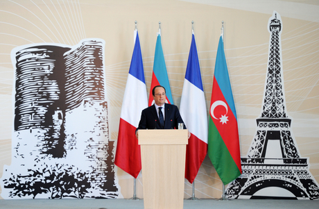 Ilham Aliyev, Francois Hollande, and First Lady Mehriban Aliyeva observe construction of French Lyceum in Baku