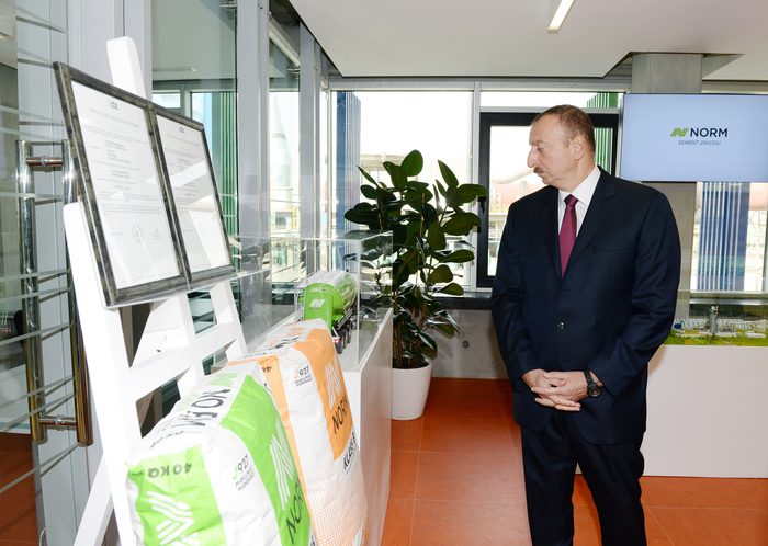 Azerbaijani president attends opening of a cement plant in Baku (PHOTO)