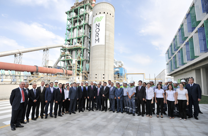 Azerbaijani president attends opening of a cement plant in Baku (PHOTO)