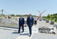 Azerbaijani president reviews progress of construction of Heydar Aliyev park in Barda city