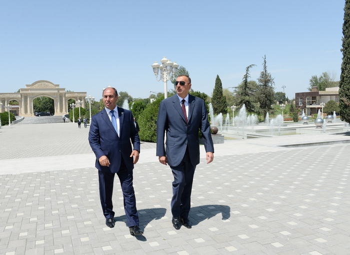 Azerbaijani president reviews progress of construction of Heydar Aliyev park in Barda city