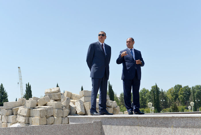 Azerbaijani president reviews progress of construction of Heydar Aliyev park in Barda city