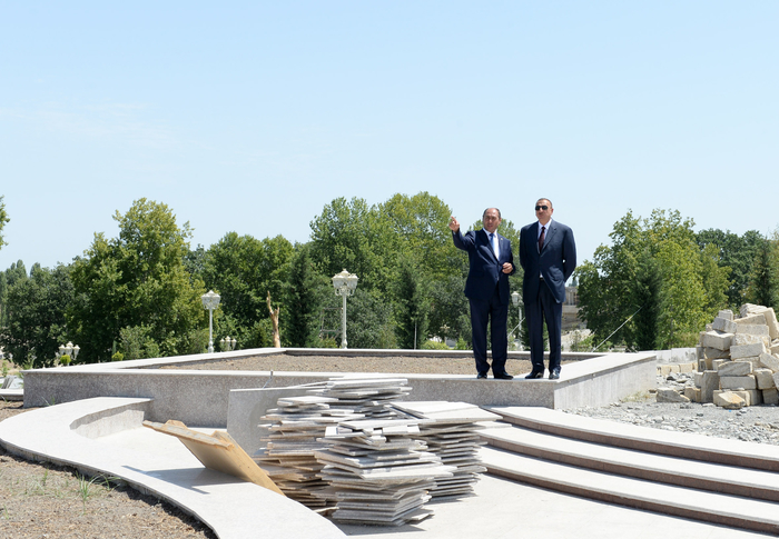 Azerbaijani president reviews progress of construction of Heydar Aliyev park in Barda city