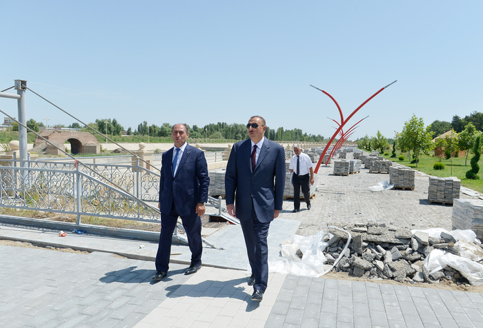Azerbaijani president reviews progress of construction of Heydar Aliyev park in Barda city