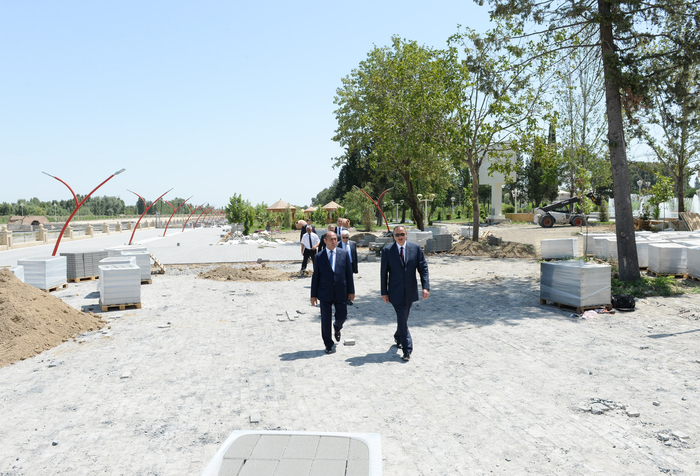 Azerbaijani president reviews progress of construction of Heydar Aliyev park in Barda city