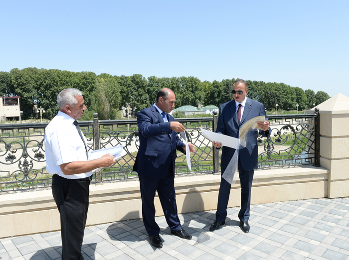 Azerbaijani president reviews progress of construction of Heydar Aliyev park in Barda city