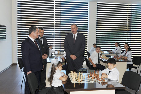 Azerbaijani President attends opening of chess school in Beylagan region