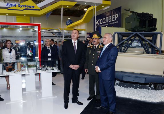 President Ilham Aliyev visits first Azerbaijan international defense industry exhibition