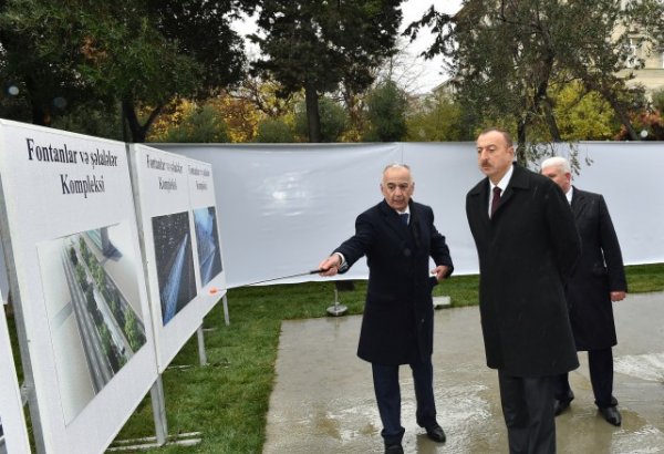 Azerbaijani president reviews construction at fountain and waterfall complex in Khatai