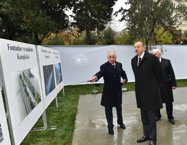 Azerbaijani president reviews construction at fountain and waterfall complex in Khatai