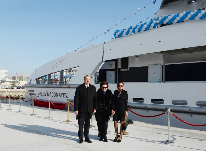 Ilham Aliyev attended a ceremony to inaugurate the fast crew boat after Muslim Magomayev