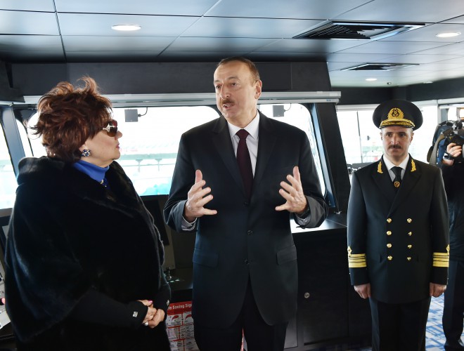 Ilham Aliyev attended a ceremony to inaugurate the fast crew boat after Muslim Magomayev