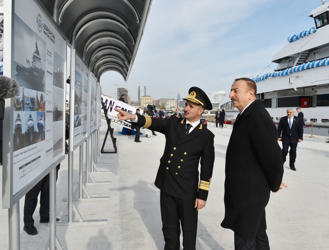 Ilham Aliyev attended a ceremony to inaugurate the fast crew boat after Muslim Magomayev