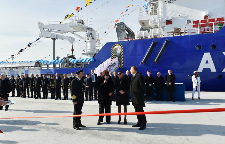 Ilham Aliyev attended a ceremony to inaugurate the fast crew boat after Muslim Magomayev