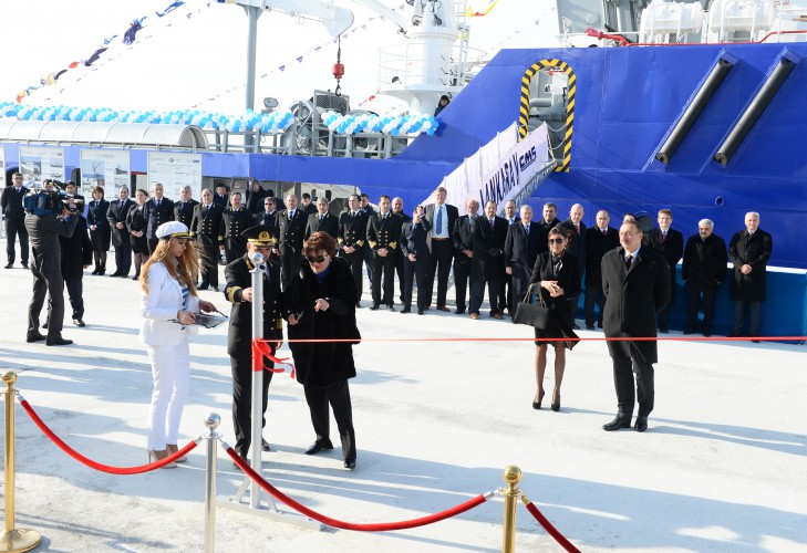 Ilham Aliyev attended a ceremony to inaugurate the fast crew boat after Muslim Magomayev
