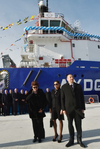 Ilham Aliyev attended a ceremony to inaugurate the fast crew boat after Muslim Magomayev