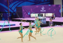 Azerbaijani female gymnasts perform with ribbons in group exercises at European Games (PHOTO)