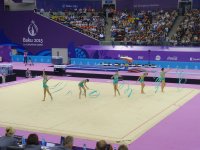 Azerbaijani female gymnasts perform with ribbons in group exercises at European Games (PHOTO)
