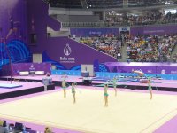 Azerbaijani female gymnasts perform with ribbons in group exercises at European Games (PHOTO)