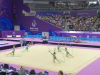 Azerbaijani female gymnasts perform with ribbons in group exercises at European Games (PHOTO)