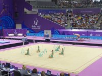 Azerbaijani female gymnasts perform with ribbons in group exercises at European Games (PHOTO)
