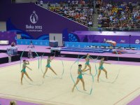 Azerbaijani female gymnasts perform with ribbons in group exercises at European Games (PHOTO)