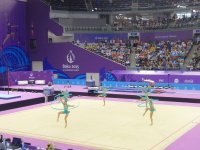 Azerbaijani female gymnasts perform with ribbons in group exercises at European Games (PHOTO)
