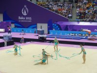 Azerbaijani female gymnasts perform with ribbons in group exercises at European Games (PHOTO)