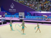 Azerbaijani female gymnasts perform with ribbons in group exercises at European Games (PHOTO)