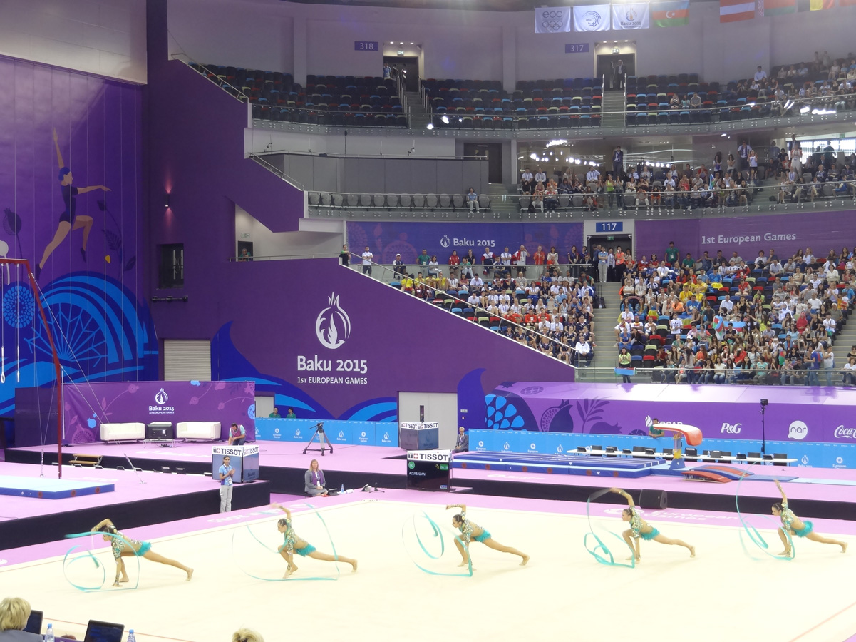 Azerbaijani female gymnasts perform with ribbons in group exercises at European Games (PHOTO)
