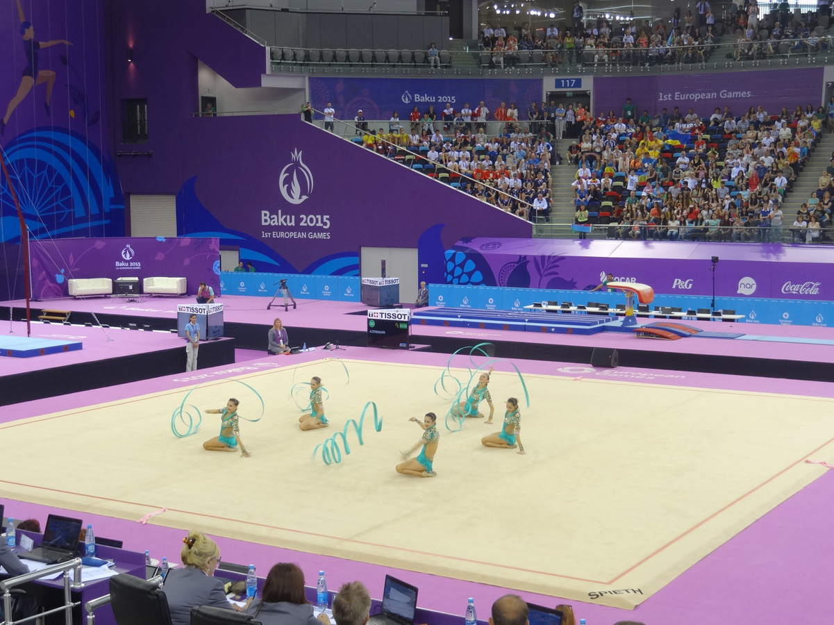 Azerbaijani female gymnasts perform with ribbons in group exercises at European Games (PHOTO)