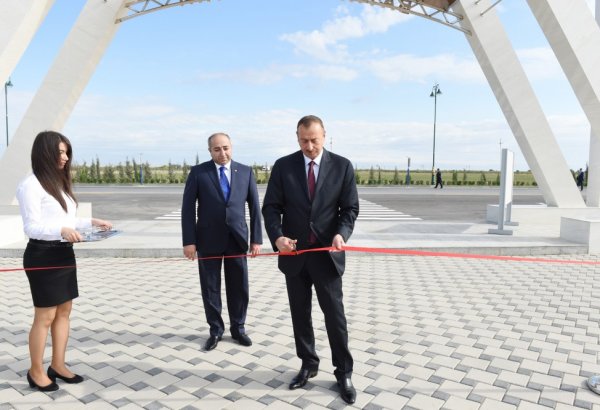 Azerbaijani president attends opening of Flag Square in Kurdamir district