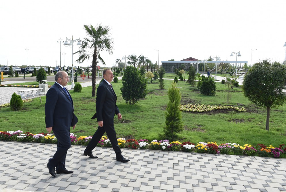 Azerbaijani president attends opening of Flag Square in Kurdamir district