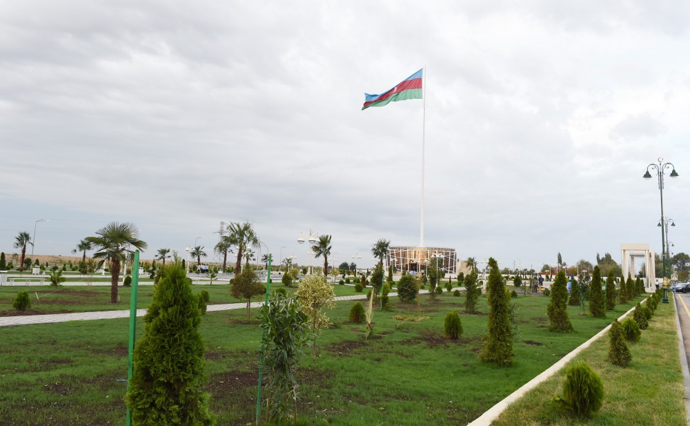 Azerbaijani president attends opening of Flag Square in Kurdamir district
