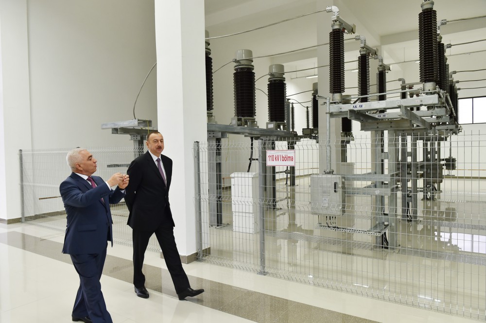 Azerbaijani president attends opening of several electrical substations in Khazar district