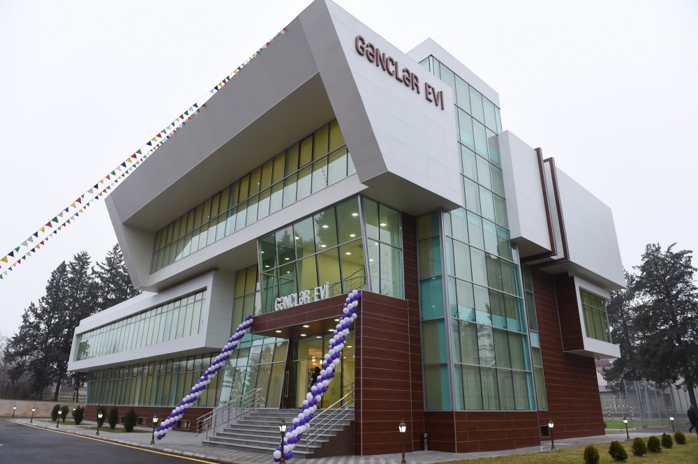 President Ilham Aliyev attends the opening of Youth House in Qovlar, Tovuz