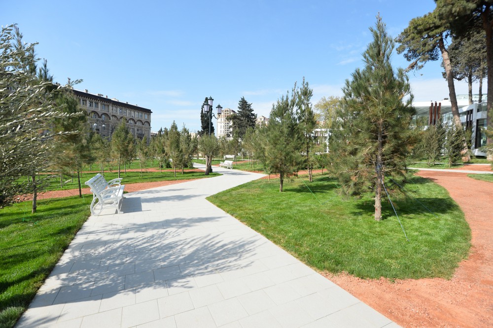 President Aliyev, spouse review conditions created at new park in Baku