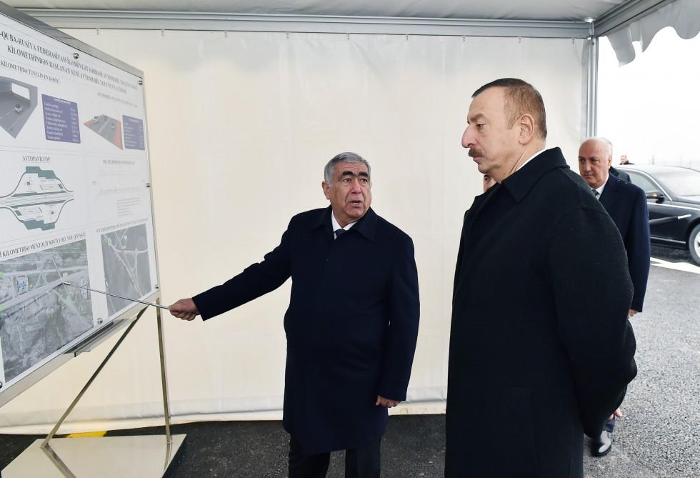 President Ilham Aliyev takes part in laying of road section on Baku - Russia border (PHOTO)
