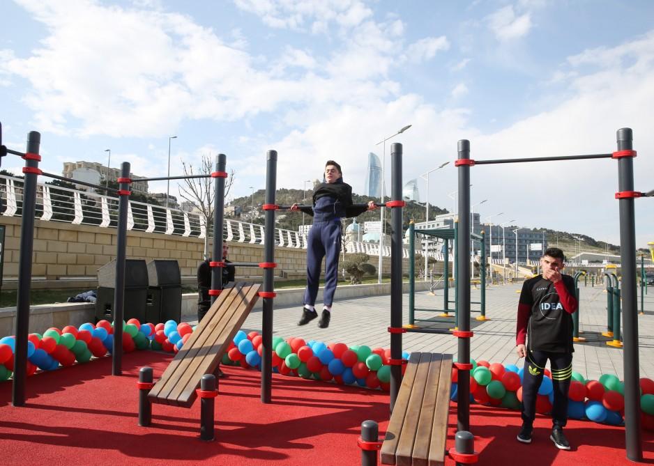 Leyla Aliyeva takes part in opening ceremony of sports ground at Seaside Boulevard (PHOTO)