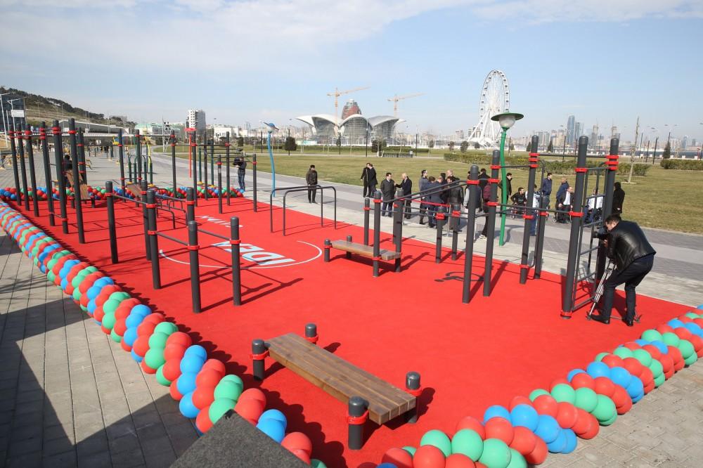 Leyla Aliyeva takes part in opening ceremony of sports ground at Seaside Boulevard (PHOTO)