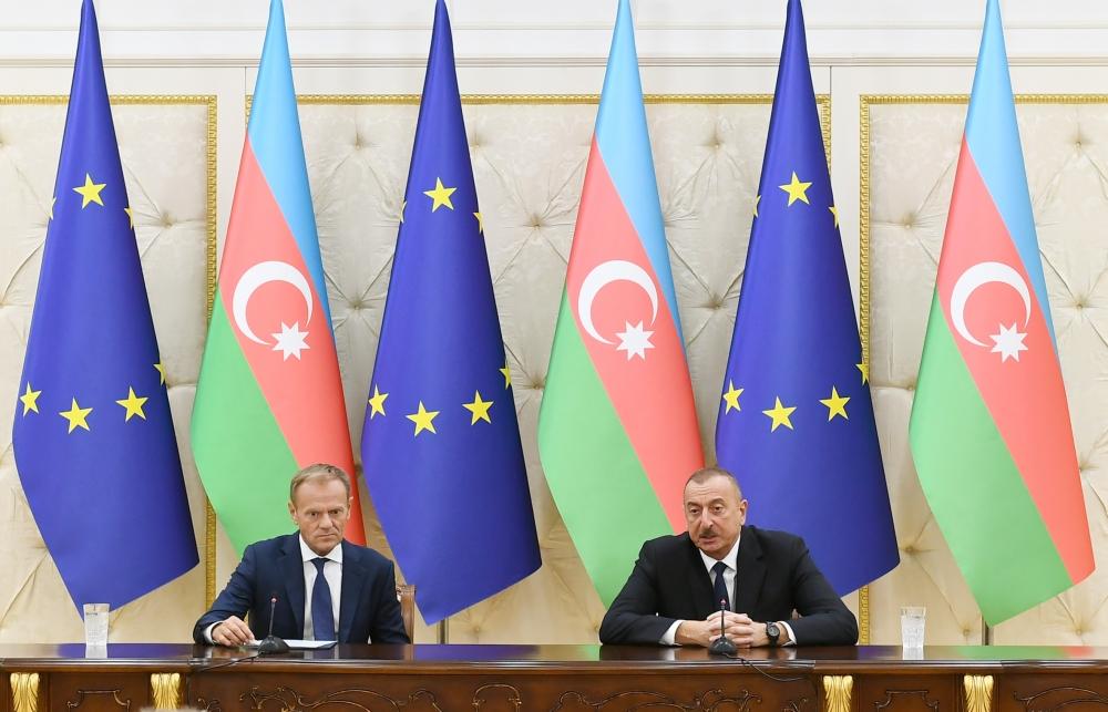 President Ilham Aliyev, President of European Council Donald Tusk make press statements (PHOTO)