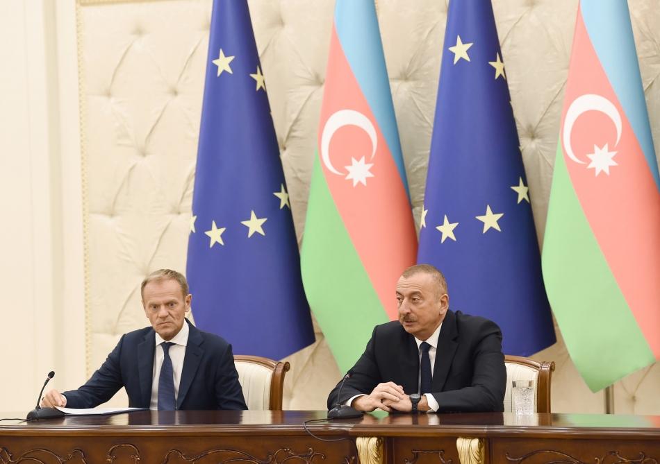 President Ilham Aliyev, President of European Council Donald Tusk make press statements (PHOTO)