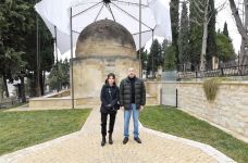 Azerbaijani president, first lady view landscaping work done around Shahkhandan tomb in Shamakhi (PHOTO)