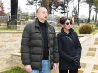 Azerbaijani president, first lady view landscaping work done around Shahkhandan tomb in Shamakhi (PHOTO)