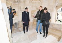 Azerbaijani president, first lady view landscaping work done around Shahkhandan tomb in Shamakhi (PHOTO)