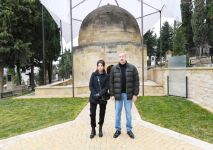Azerbaijani president, first lady view landscaping work done around Shahkhandan tomb in Shamakhi (PHOTO)