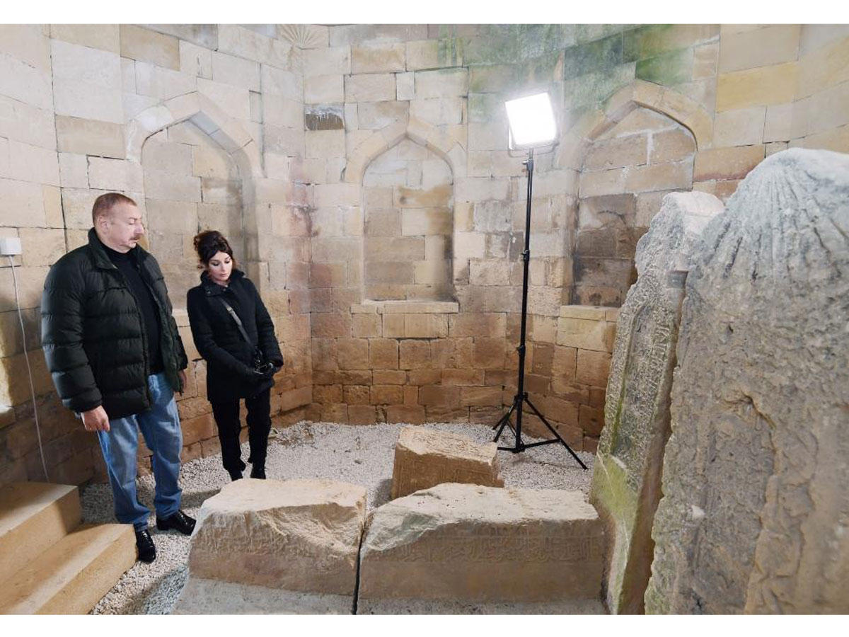 Azerbaijani president, first lady view landscaping work done around Shahkhandan tomb in Shamakhi (PHOTO)