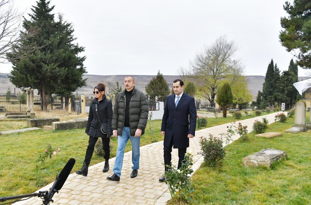Azerbaijani president, first lady view landscaping work done around Shahkhandan tomb in Shamakhi (PHOTO)